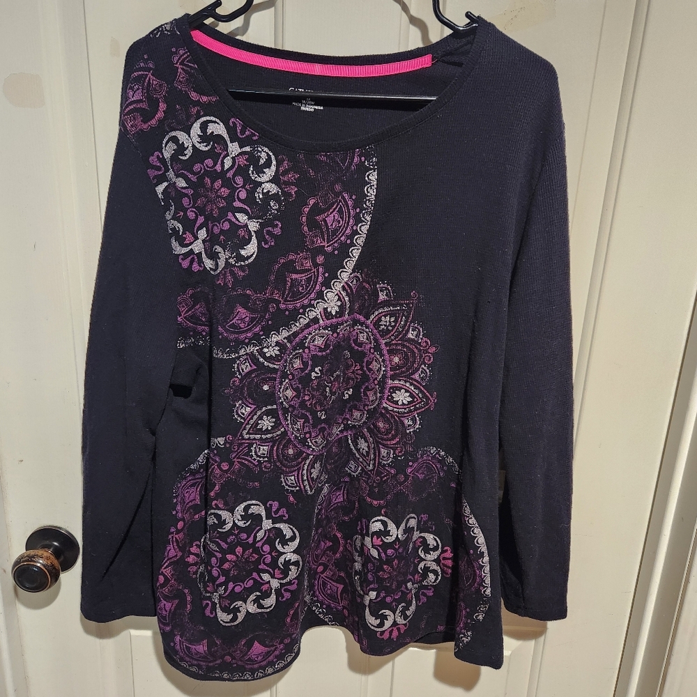 Catherines Waffle Knit Y2K Witchy Long Sleeve Top 1X Paisley Floral Cybergoth
